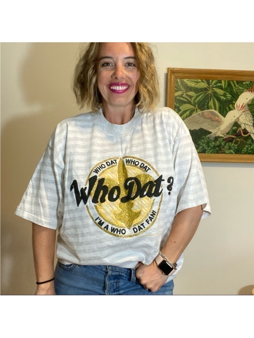 Vintage New Orleans Saints Who Dat Fan Graphic Striped Short Sleeve Tee XL